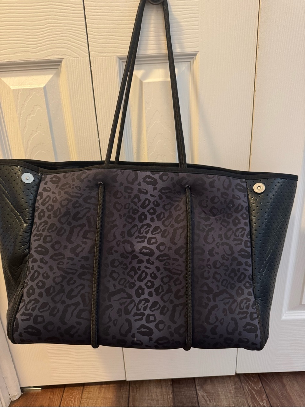 Navy Leopard-Print Tote Bag with Black Trim